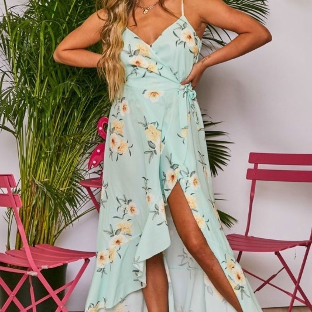 Sleeveless Floral Print Ruffled Wrap Maxi Dress